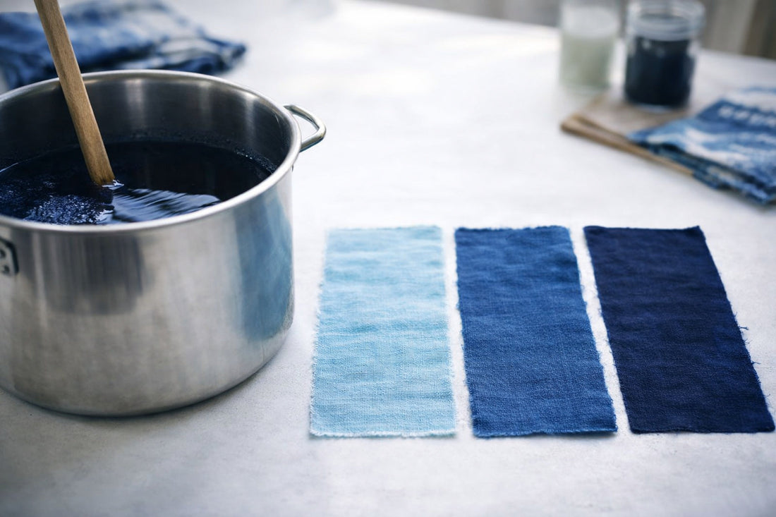 Indigo vat dyeing setup with three cotton fabric swatches showing sky blue, classic indigo, and deep navy shades using natural indigo extract.