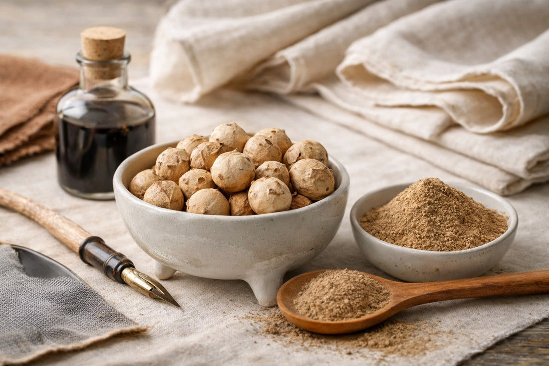 Aleppo oak galls (Quercus infectoria) and oak gall powder used for natural dyeing, tannin extraction, and ink making