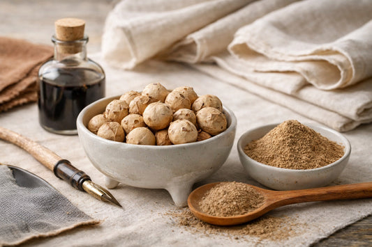 Aleppo oak galls (Quercus infectoria) and oak gall powder used for natural dyeing, tannin extraction, and ink making