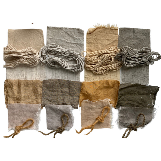 Grey and charcoal fabric and yarn dyed with oak gall tannin and iron
