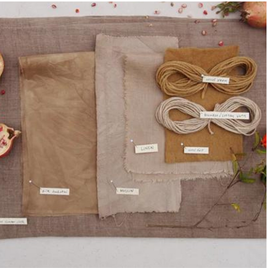Fabric dyed with pomegranate peel in yellow, green and grey