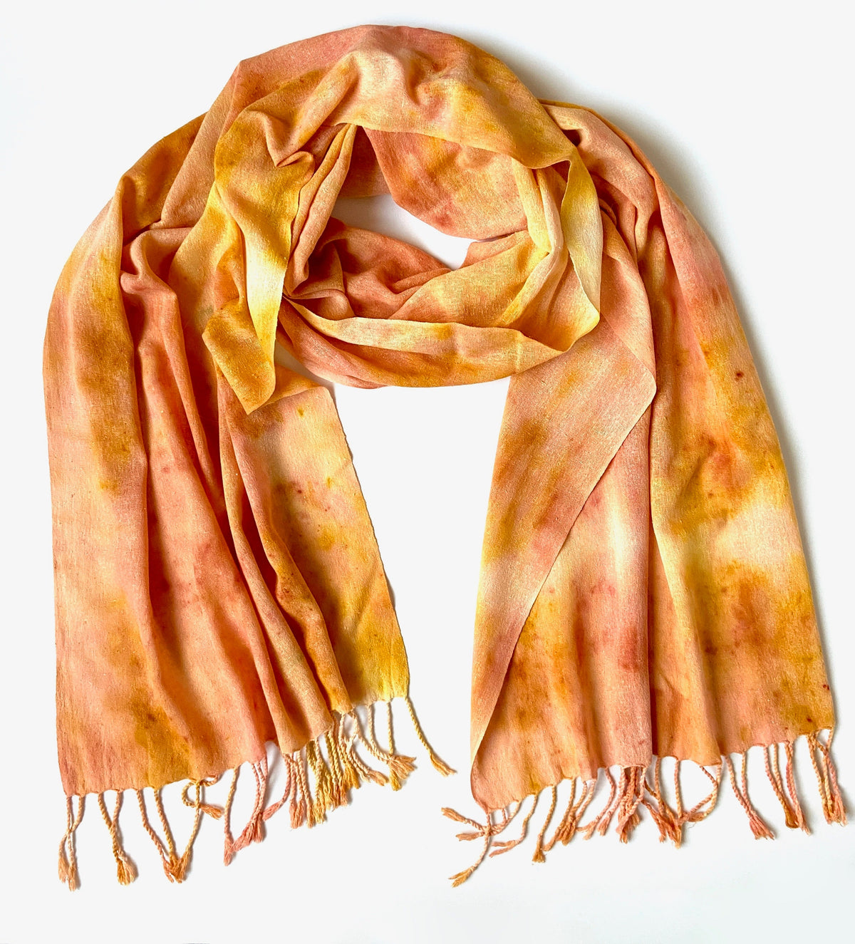 Peace silk shawl bundle-dyed with a natural dye kit in madder and buckthorn colors