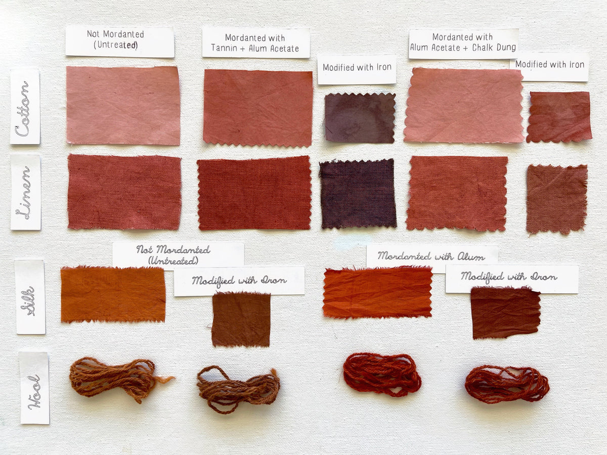 Madder-dyed cotton, linen, silk and wool swatches with plum and aubergine shades from an iron modifier