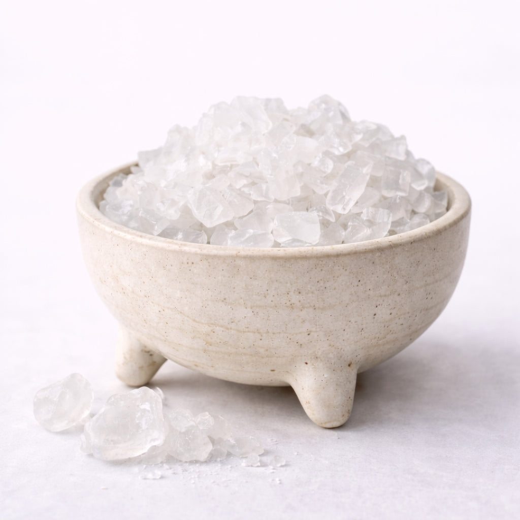 Potassium alum crystals in a ceramic bowl, a mordant for natural dyeing
