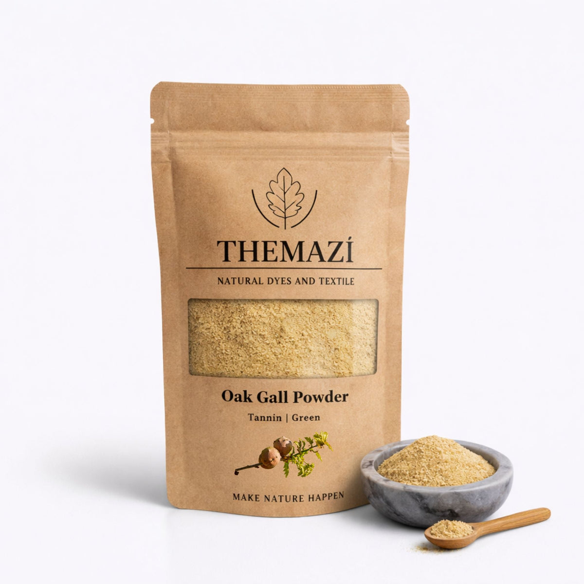 Natural tannins: green oak gall powder in a kraft pouch with a bowl of powder