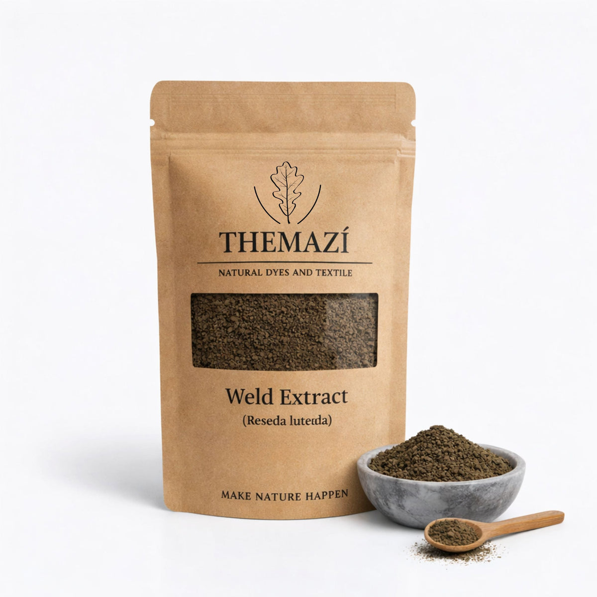 Natural dye extracts: themazi weld extract in a kraft pouch with a bowl of extract granules