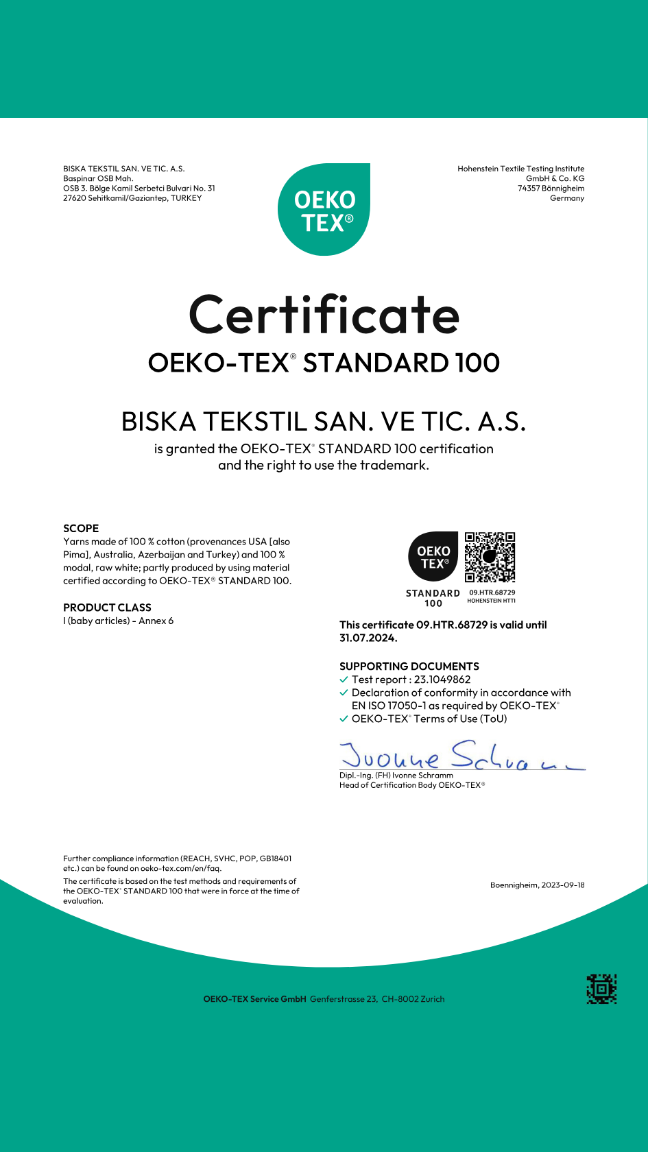 OEKO-TEX® STANDARD 100 Certification 