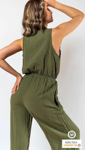 Muslin Jumpsuit with Cleavage Khaki