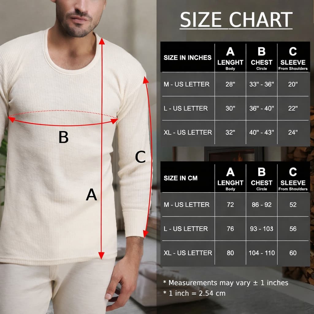 Undyed merino wool thermal long sleeve size chart for men