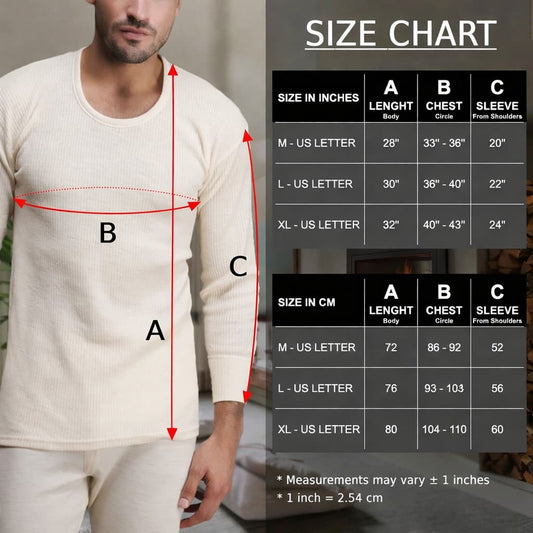 Undyed merino wool thermal long sleeve size chart for men