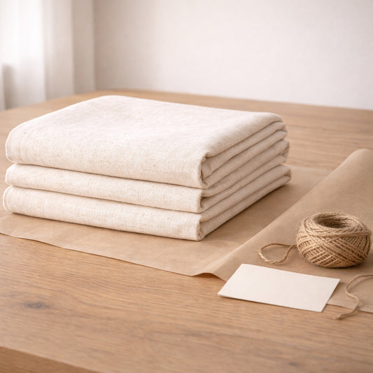 Folded stack of undyed cotton–linen blend fabric, showing weave texture and natural unbleached tone for sewing and natural dyeing.