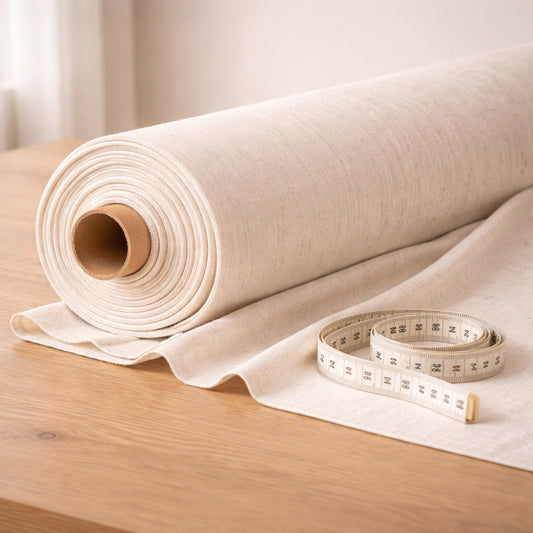 Roll of undyed cotton–linen blend fabric with measuring tape, highlighting natural weave, breathable lightweight feel, and 150 cm usable width.