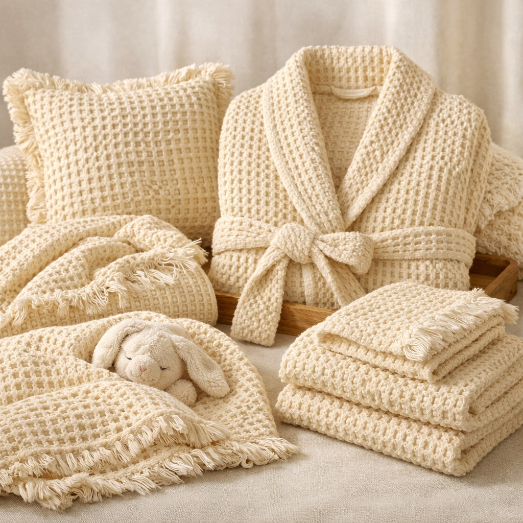 Inspiration image showing the look and texture of undyed cotton waffle fabric for natural dyeing and home textile projects