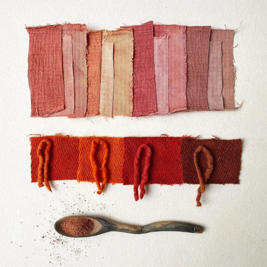 Madder root dye color variations modified with iron mordant on natural fabrics