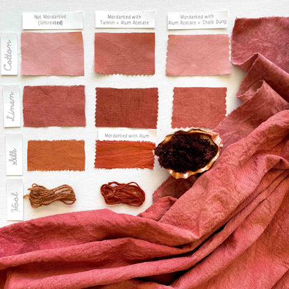 Madder root dye color variations modified with iron mordant on natural fabrics