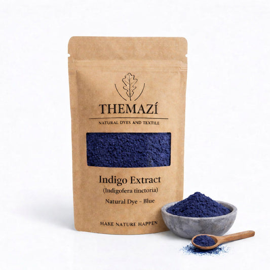 TheMazi Natural Indigo Extract (Indigofera tinctoria) packaging for indigo vat dyeing.