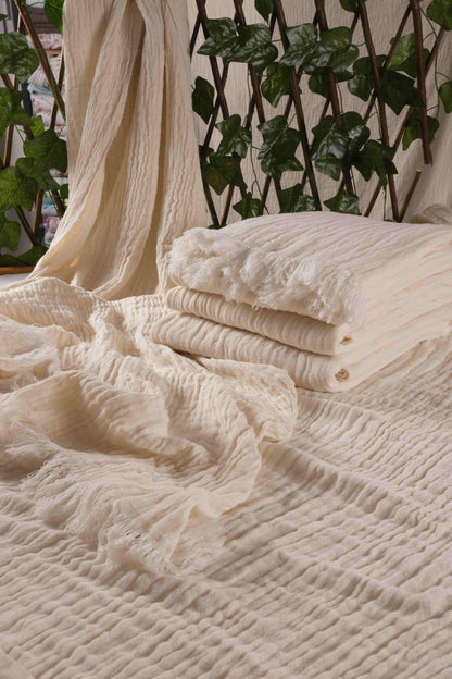 Folded Buldan towel showing natural weave structure and breathable cotton-tencel blend, handcrafted in Turkey.
