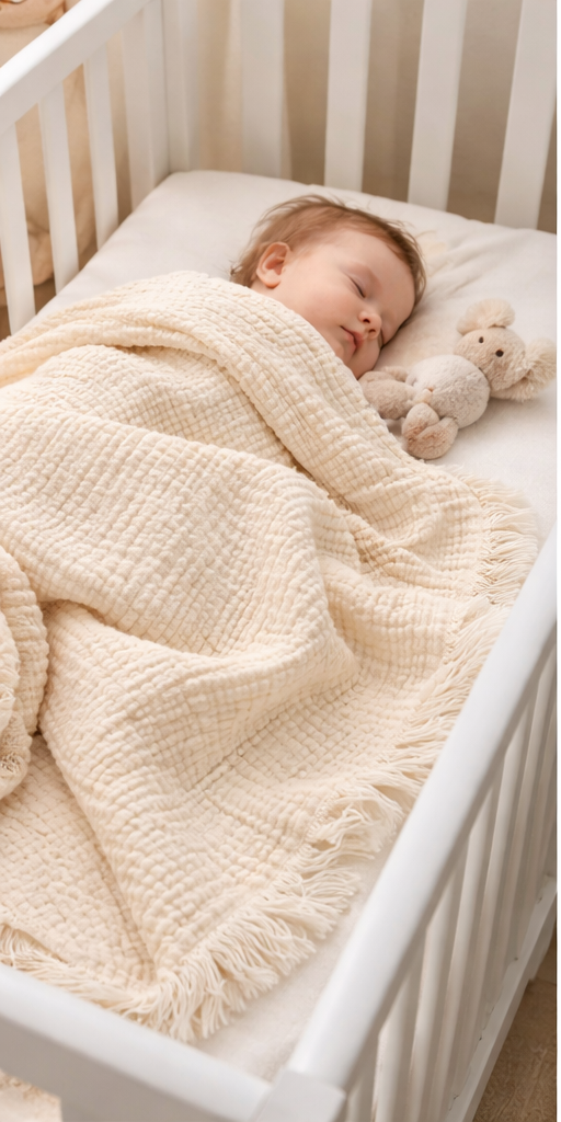 Undyed 8-layer crinkled gauze muslin baby blanket with fringed edges, 120×120 cm (47×47 in), used as a soft breathable blanket in a crib.