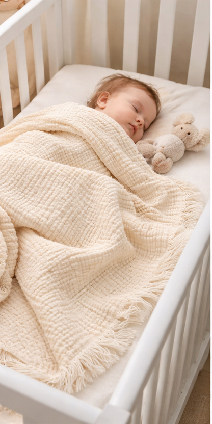 Undyed 8-layer crinkled gauze muslin baby blanket with fringed edges, 120×120 cm (47×47 in), used as a soft breathable blanket in a crib.