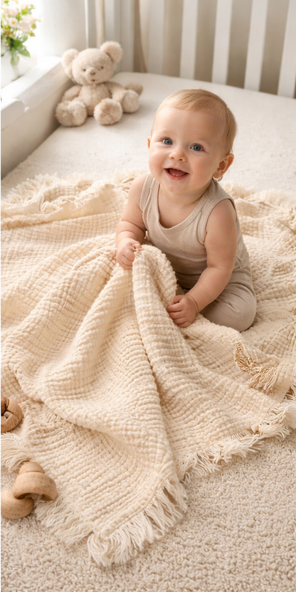 Close lifestyle view of an undyed 8-layer crinkle muslin baby blanket with fringed edges, soft cotton texture, 120×120 cm (47×47 in)