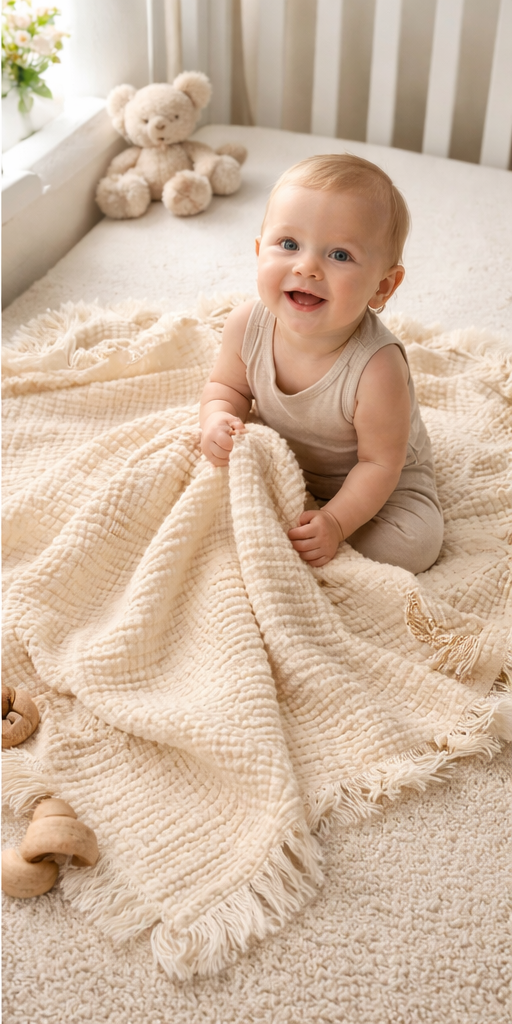 Close lifestyle view of an undyed 8-layer crinkle muslin baby blanket with fringed edges, soft cotton texture, 120×120 cm (47×47 in)