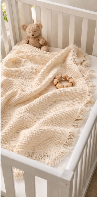 Undyed 8-layer muslin baby blanket (crinkled gauze) with fringe detail, 120×120 cm (47×47 in), ready for natural dyeing