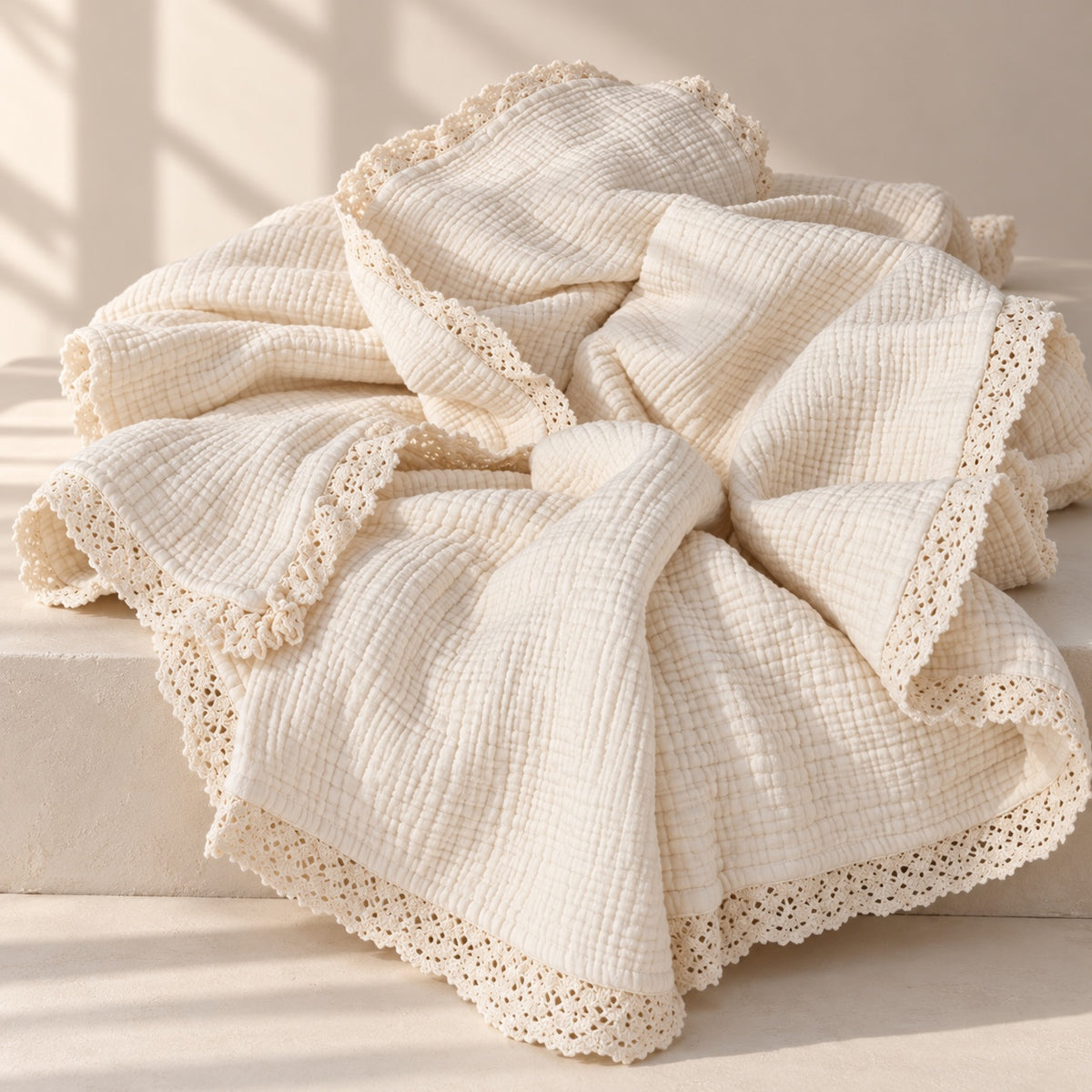 Undyed 8-layer cotton muslin blanket with cotton lace trim