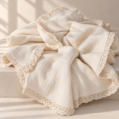 Undyed 8-layer cotton muslin blanket with cotton lace trim