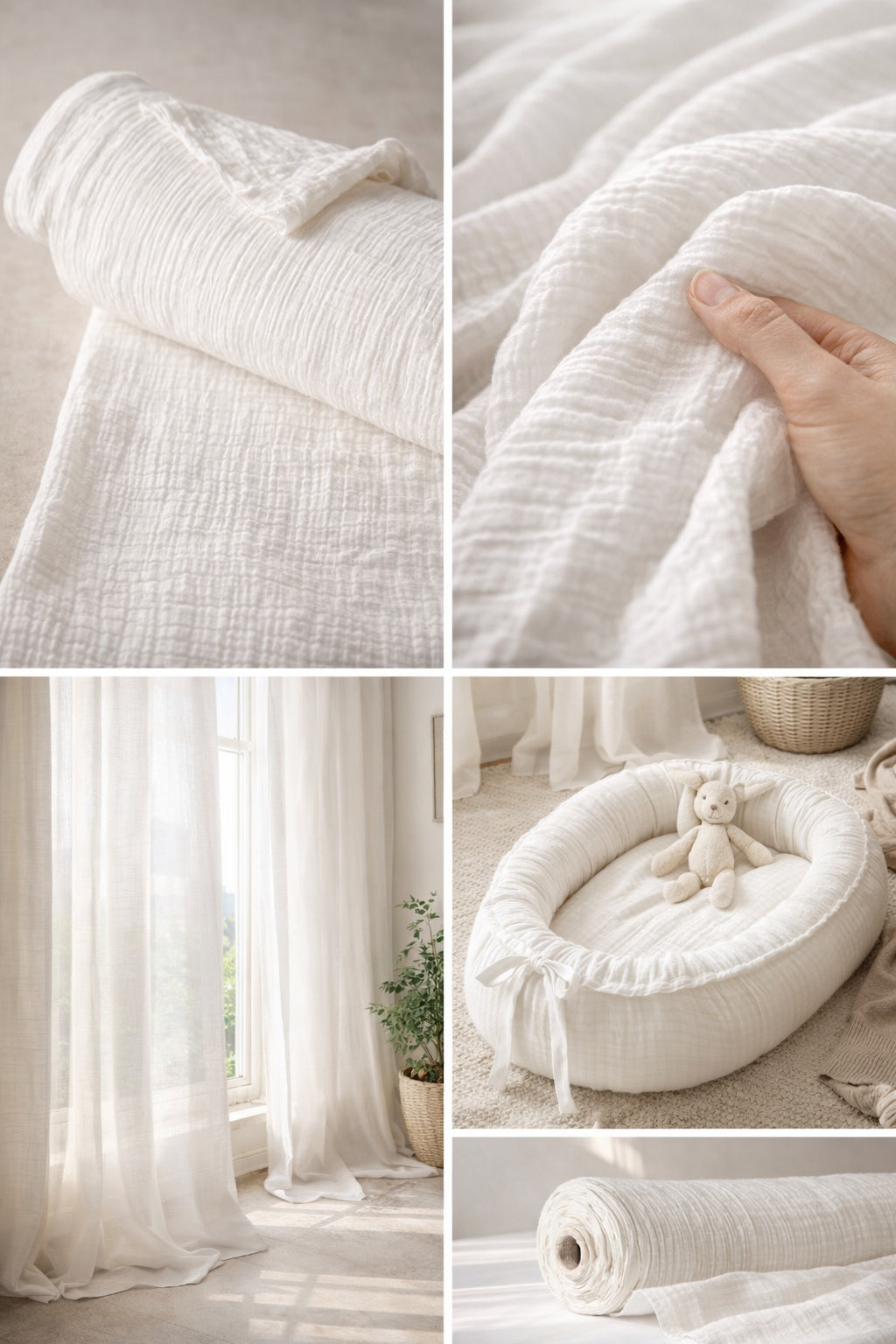 Collage showing undyed crinkle gauze cotton fabric details: close-up texture, roll view, and folded view, dye-ready.