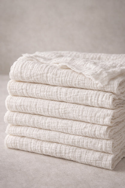 Folded stack of undyed crinkle gauze cotton fabric with soft crinkle texture, 61 in (155 cm) wide