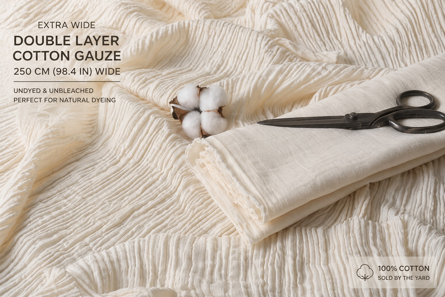 Extra wide undyed double layer cotton gauze (crinkle) fabric, 250 cm (98.4 in) wide, shown with cotton and scissors for natural dyeing and sewing