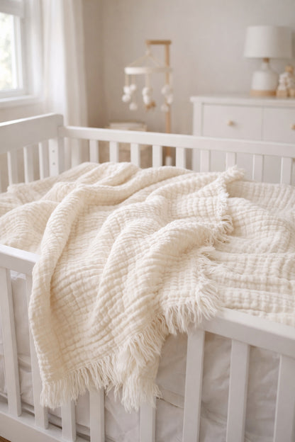 Undyed 4-layer cotton muslin baby blanket draped in a minimal nursery crib, soft breathable crinkle gauze (115x115 cm / 45x45 in)