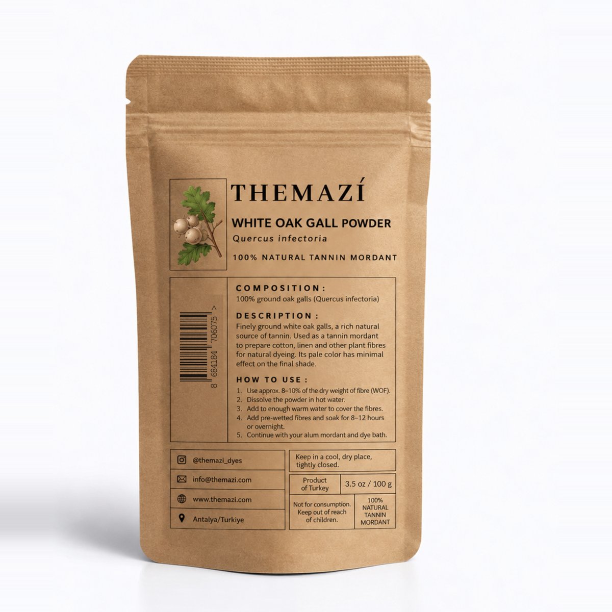 themazi White Oak Gall Powder packaging back – composition and how to use as a tannin mordant