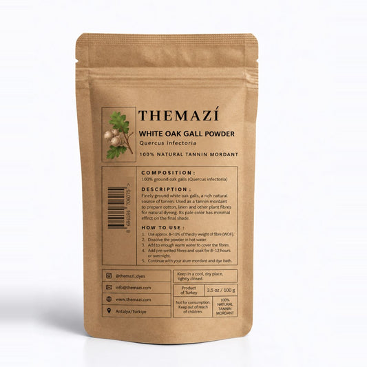 themazi White Oak Gall Powder packaging back – composition and how to use as a tannin mordant