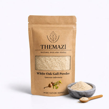 themazi White Oak Gall Powder packaging – Quercus infectoria natural tannin mordant for natural dyeing